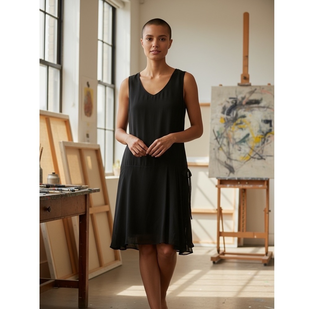 VILEW Black Sleeveless V Neck Tie Waist Dress Sheer Hem Elegant